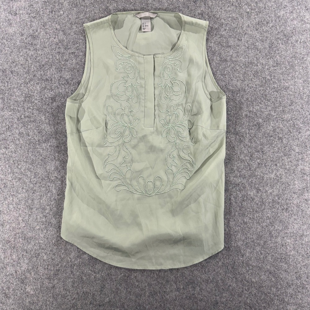HM Women Sage Green Sleeveless Embroidered Floral Blouse Top Size 2